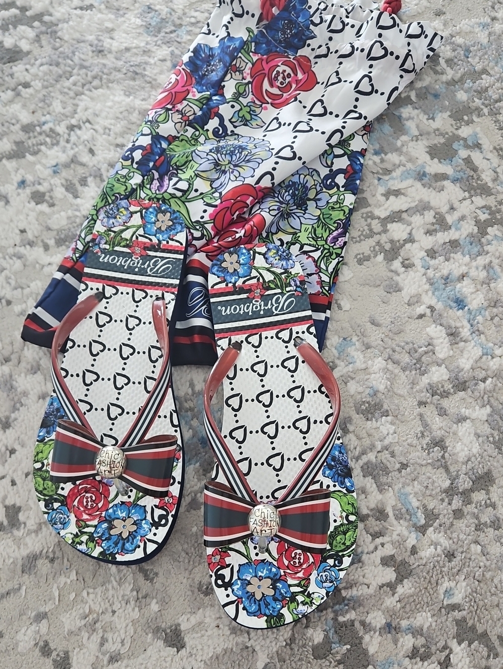 Brighton Floral Bow Flip Flops in White, Blue, Red, Green